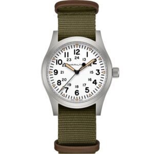 Questa è l'immagine frontale dell'orologio hamilton khaki field mechanical con il quadrante bianco e la cassa da 42mm e il cinturino nato di colore verde