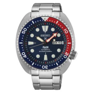immagine frontale orologio seiko prospex edizione speciale padi blu e rosso