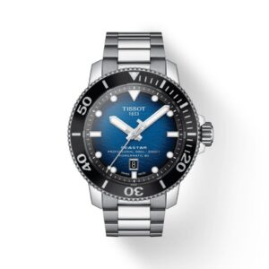 qUESTA è L'IMMAGINE FRONTALE DELL'OROLOGIO TISSOT SEASTAR 2000 POWERMATIC 80 CON QUADRANTE BLU