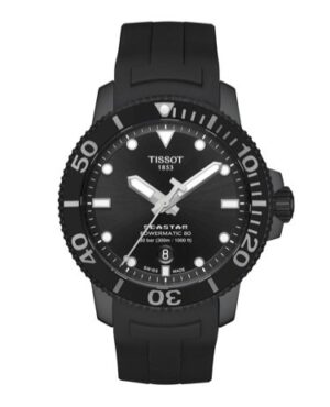 QUESTA è L'IMMAGINE FRONTALE DELL'OROLOGIO TISSOT SEASTAR 1000 POWERMATIC 80 NERO CON MOVIMENTO AUTOMATICO
