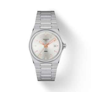 Immagine frontale orologio tissot prx 35 mm con quadrante bianco e indici rosati