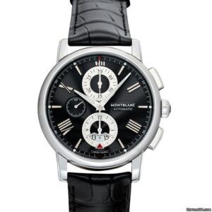 Questa è l'immagine frontale dell'orologio montblanc 4810 chronograph automatic con quadrante nero e cinturino in pelle nero