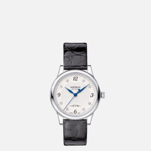 Questa è l'immagine frontale dell'orologio montblanc donna boheme date automatic con diamentro cassa di 30 mm e cinturino in pelle