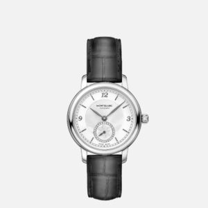 Questa è l'immagine frontale dell'orologio montblanc star legacy con cinturino in pelle e diametro di 32 mm