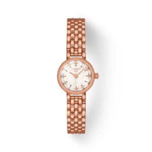 Questa è l'immagine frontale dell'orologio tissot lovely round rosato con movimento al quarzo