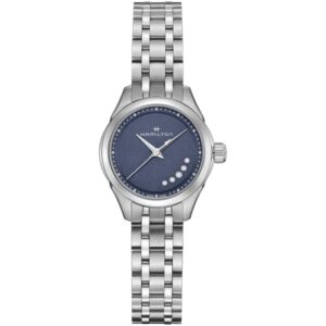 QUESTA è L'IMMAGINE FRONTALE DELL'OROLOGIO HAMILTON JAZZMASTER LADY QUARTZ CON CINTURINO ACCIAIO E QUADRANTE BLU CON 5 DIAMANTINI