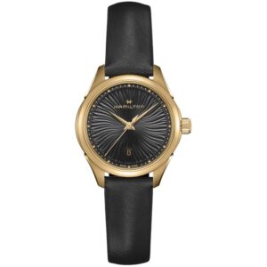 Questa è l'immagine frontale dell'orologio hamilton jazzmaster lady quartz con quadrante con movimento illusorio nero, cassa rosata e cinturino in pelle nero