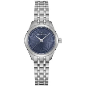 Questa è l'immagine frontale dell'orologio hamilton jazzmaster lady quartz con cinturino in acciaio e quadrante blu con movimento illusorio a onde