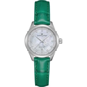 QUESTA è L'IMMAGINE FRONTALE DELL'OROLOGIO HAMILTON JAZZMASTER LADY AUTOMATICO CON QUADRANTE IN MADREPERLA E INDICI CON DIAMANTI E CARATTERIZZATO DA UN CINTURINO IN PELLE VERDE