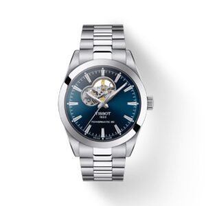 Questa è l'immagine frontale dell'orologio tissot gentleman powermatic 80 open heart con quadrante blu