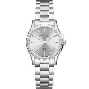 Questa è l'immagine frontale dell'orologio hamilton jazzmaster con quadrante argento e movimento automatico