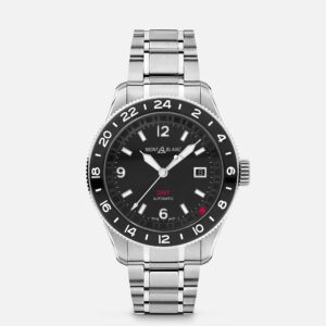 Questa è l'immagine frontale dell'orologio montblanc 1858 GMT in acciaio con quadrante nero e movimento automatico