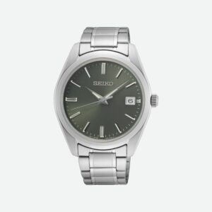 Questa è l'immagine frontale dell'orologio seiko classic con quadrante verde e movimento al quarzo. presenta un vetro zaffiro