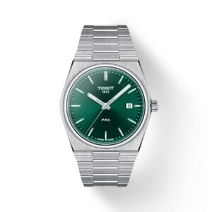 Questa è l'immagine frontale dell'orologio tissot prx con movimento al quarzo e quadrante verde