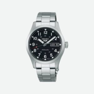 QUESTA è L'IMMAGINE FRONTALE DELL'OROLOGIO SEIKO 5 SPORTS CON QUADRANTE NERO E MOVIMENTO AUTOMATICO