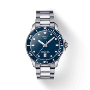 Questa è l'immagine frontale dell'oroloigio tissot seastar 1000 con quadrante da 40 mm blu. Presenta un movimento al quarzo