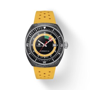 Questa è l'immagine frontale dell'orologio tissot sideral s di colore giallo e cinturino in silicone s