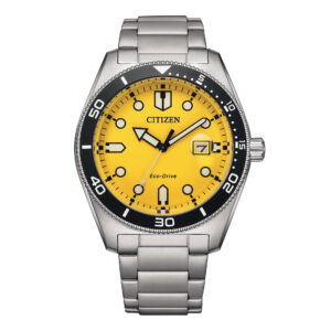 Questa è l'immagine dell'orologio Citizen Marine 1760 con quadrante di colore giallo e cinturino acciaio con movimento eco-drive