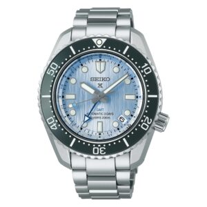 Questa è l'immagine frontale dell'orologio seiko prospex save the ocean GMT con colore del quadrante blu ghiacciaio e subacqueo a 20 mt