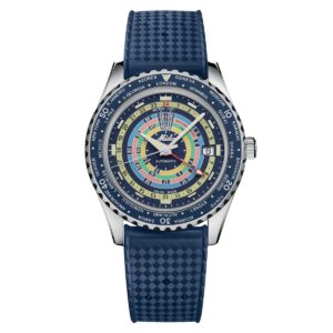 Questa è l'immagine frontale dell'orologio Ocean Star Decompression Worldtimer in acciaio con cinturino aggiuntivo