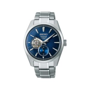 Questa è l'immagine frontale dell'orologio SEIKO presage open heart quadrante blu. Presenta un movimento automatico con riserva di carica di 3 giorni.