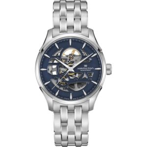 Questa è l'immagine frontale dell'orologio hamilton jazzmaster skeleton automatico con quadrante blu da 40 mm
