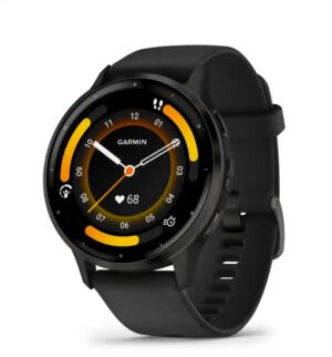 Questa è l'immagine frontale dell'orologio garmin venu 3 black con cinturino in silicone. l'orologio presenta un diametro cassa di 45 mm