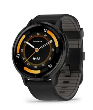 Questa è l'immagine frontale dell'orologio garmin venu 3 black con cinturino di pelle nero. L'orologio ha un diametro cassa di mm 45