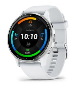 Questa è l'immagine frontale dell'orologi garmin venu 3 whitestone con lunetta silver. Il diametro della cassa è di 45 mm