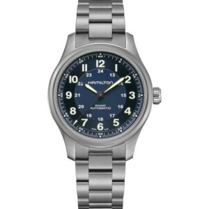 Questa è l'immagine frontale dell'orologio hamilton khaki field titanium automatico con quadrante blu di mm 42