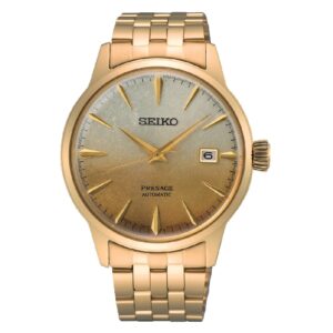 Questa è l'immagine frontale dell'orologio seiko presage cocktail gold ispirato alla birra. presenta un movimento automatico
