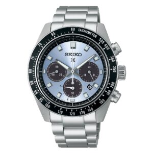 Questa è l'immagine frontale dell'orologio seiko prospex speedtimer chrono con quadrante azzurro di mm 41,40