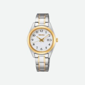 Questa è l'immagine frontale dell'orologio seiko classic donna acciaio e dorato al quarzo