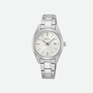Questa è l'immagine frontale dell'orologio seiko classic donna al quarzo con quadrante argento e movimento al quarzo