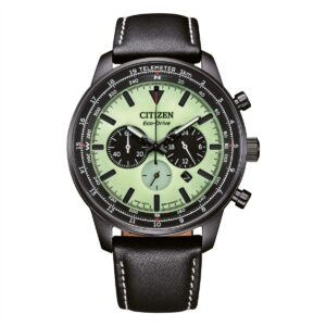 Questa è l'immagine frontale dell'orologio citizen aviation chrono full lumen con cassa in acciao rivestita di IP nero