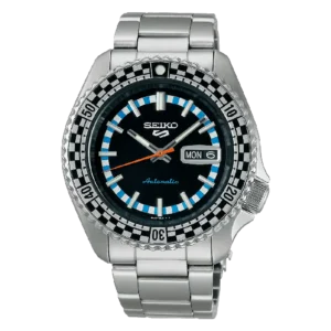 Questa è l'immagine frontale dell'orologio seiko 5 sports edizione speciale Checker Flag con quadrante nero