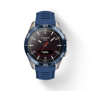 Questa è l'immgaine frontale dell'orologio tissot t-touch connect sport con cinturino blu