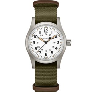 Questa è l'immagine frontale dell'orologio hamilton khaki field mechanical con quadrante bianco di mm 38 e cinturino nato di colore verde e marrone