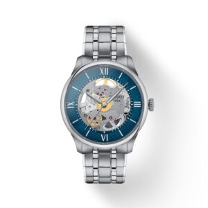 Questa è l'immagine frontale dell'orologio tissot chemin des tourelles squelette con quadrante di mm 39 e movimento automatico a vista