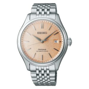 Questa è l'immagine frontale dell'orologio seiko presage classic series con quadrante arancio di mm 40 e movimento automatico
