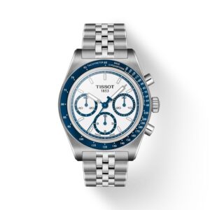 Questa è l'immagine frontale dell'orologio tissot pr516 chronograph automatic con quadrante bianco e blu