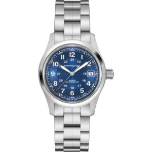 Questa è l'immagine frontale dell'orologio hamilton khaki field acciaio con quadrante blu di mm 38