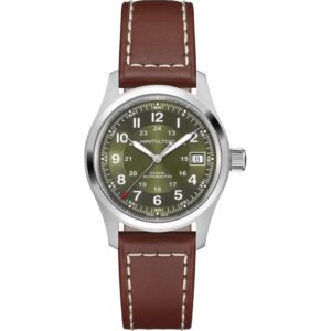 questa è l'immagine frontale dell'orologio hamilton khaki field con movimento automatico, quadrante verde da 38 mm e cinturino in pelle