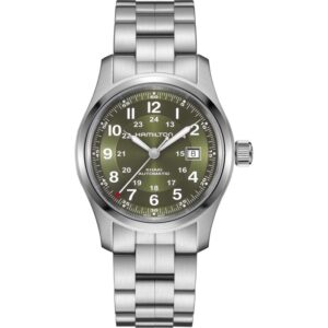 Questa è l'immagine frontale dell'orologio hamilton khaki field con movimento automatico, cassa da 42 mm e quadrante verde