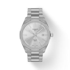 Questa è l'immagine frontale dell'orologio tissto prc 100 quarzo solar con quadrante argento e cassa di mm 39