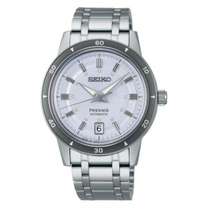 Questa è l'immagine frontale dell'orologio seiko presage style' 60 con quadrante di colore grigio-blu e mocimento automatico. Il diametro della cassa è di mm 39.5
