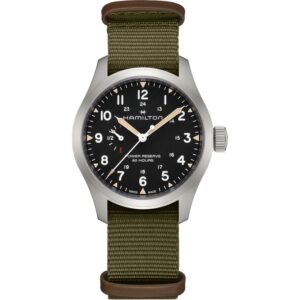 Questa è l'immagine frontale dell'orologio hamilton khaki field mechanical con riserva di carica di 40 ore e quadrante nero di mm 40