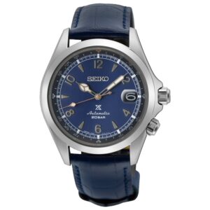 Questa è l'immagine frontale dell'orologi seiko land alpinist con quadrante blu intenso e cinturino di pelle blu
